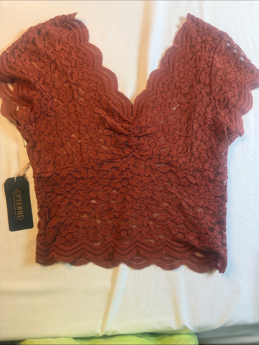 Shyanne Rust Lace V-Neck Scalloped Crop Top